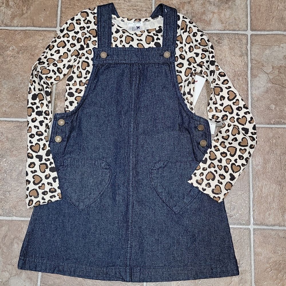 Max Studio Denim Romper Dress Heart Pocket & Animal Print Longsleeve Top Size 7
